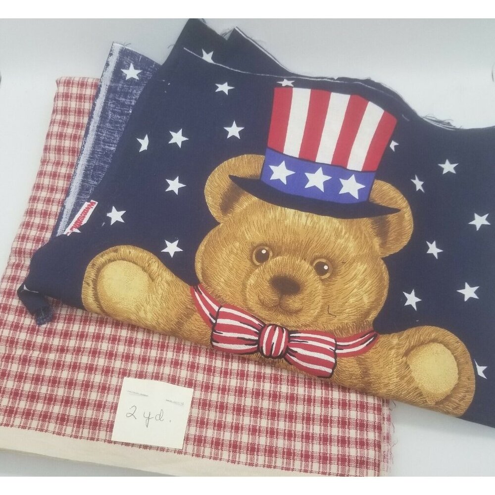 Patriotic Teddy Bear Panels Red Check Fabric Quilting Crafting Lot Americana